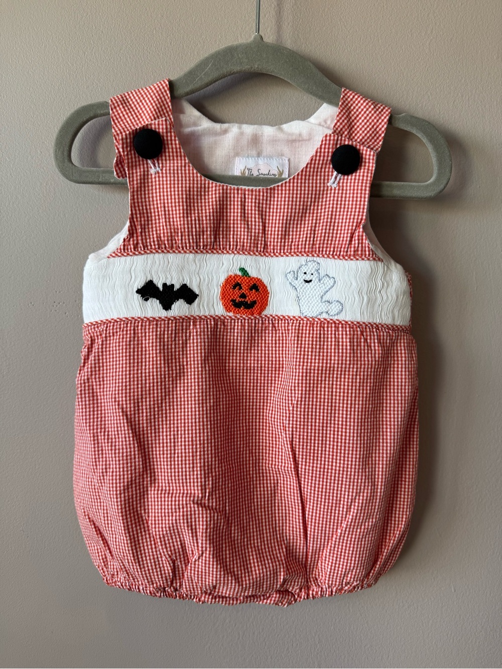 The Smocking Place Micro Gingham Bat Pumpkin Ghost Motif Bubble Romper 9 Months